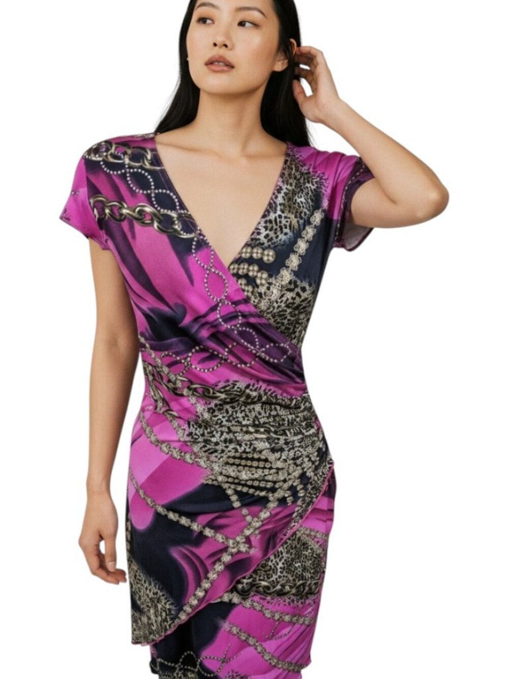 Vintage Joseph Ribkoff Faux Wrap Dress Chain Cheetah Print Pink Black Size 4